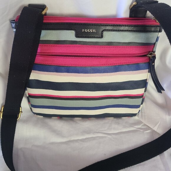 Fossil Eliza Black Multi Stripe Coated Canvas Crossbody Messenger Bag - Picture 1 of 4